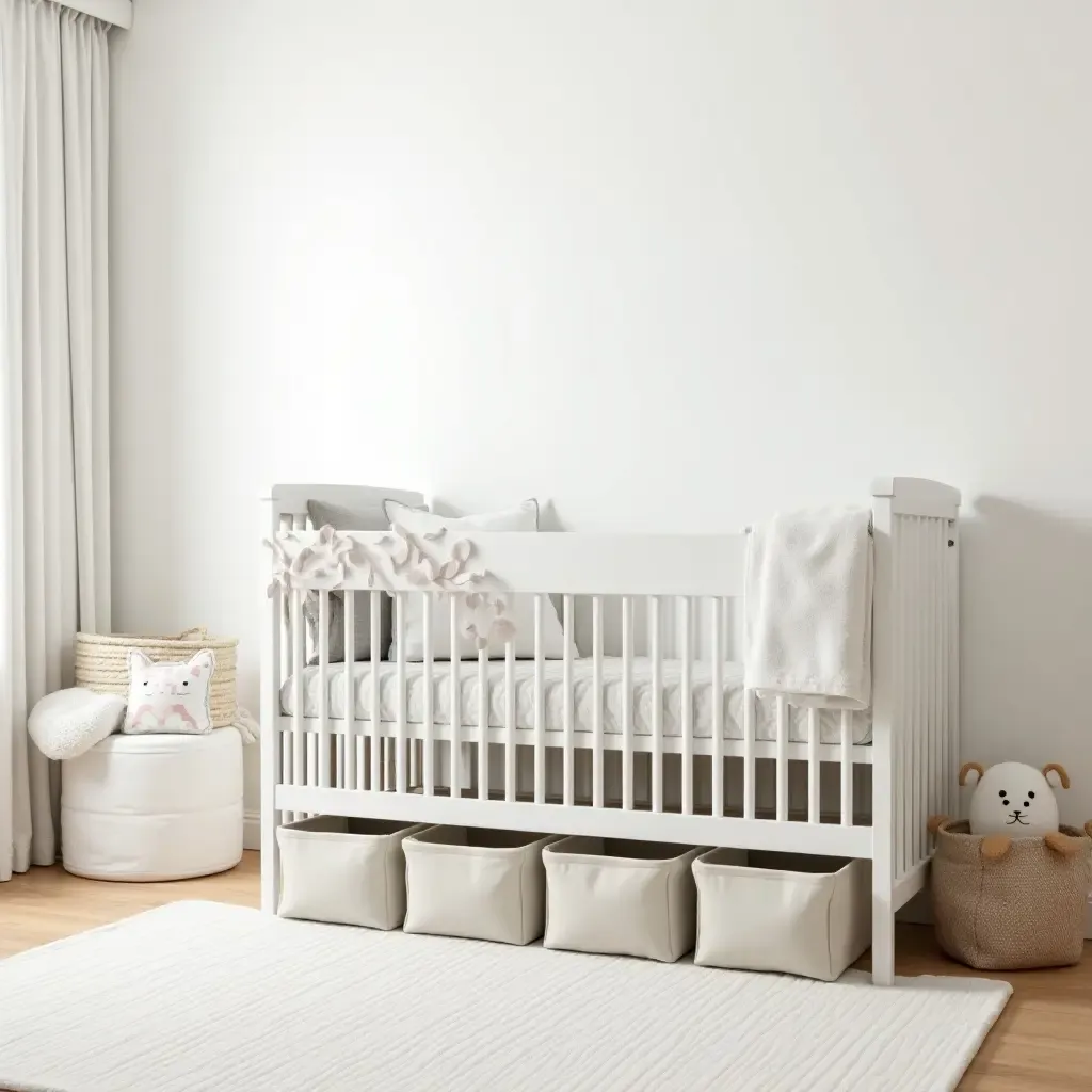 a photo of a nursery featuring fabric storage cubes under a crib