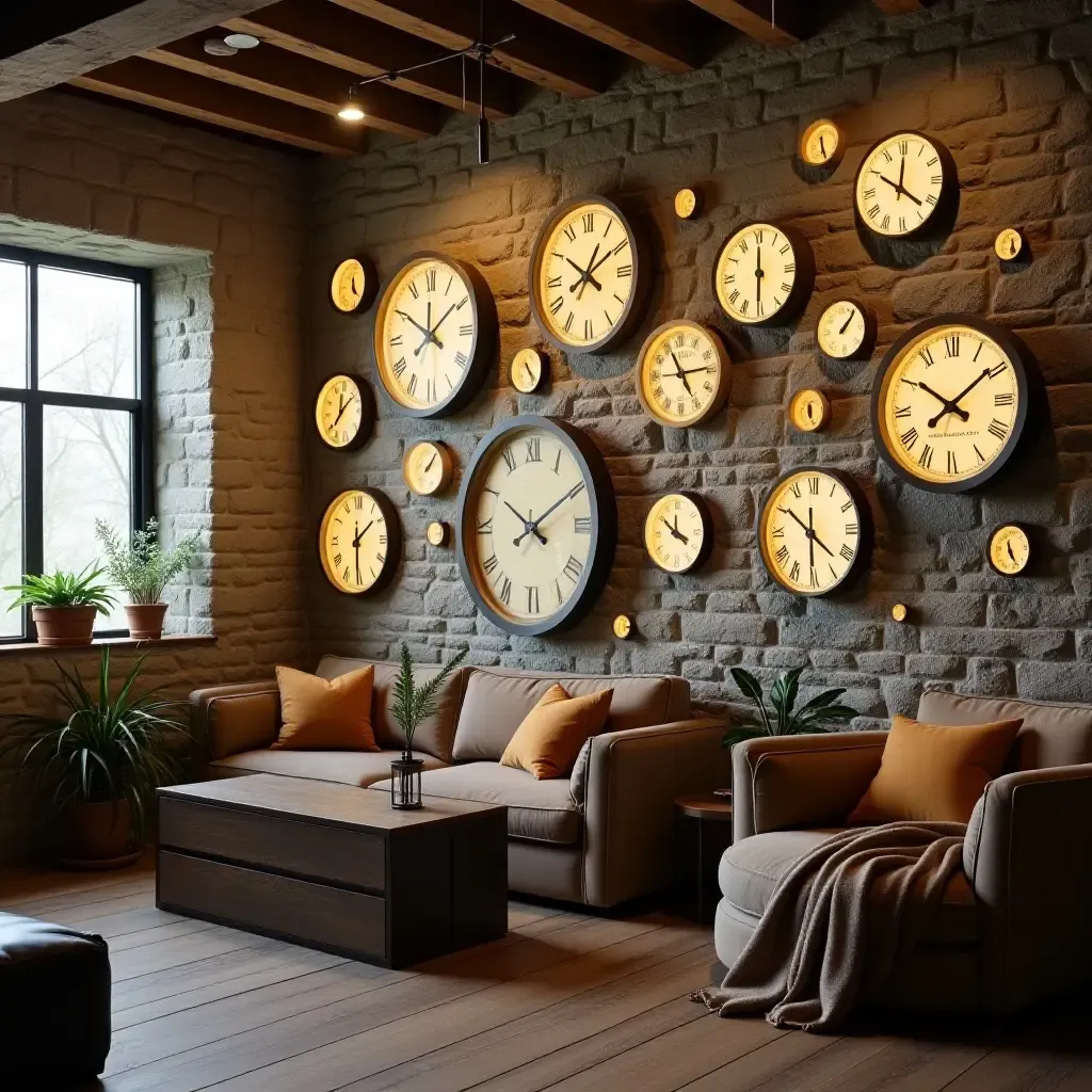 a photo of a basement wall decorated with a series of artistic clocks