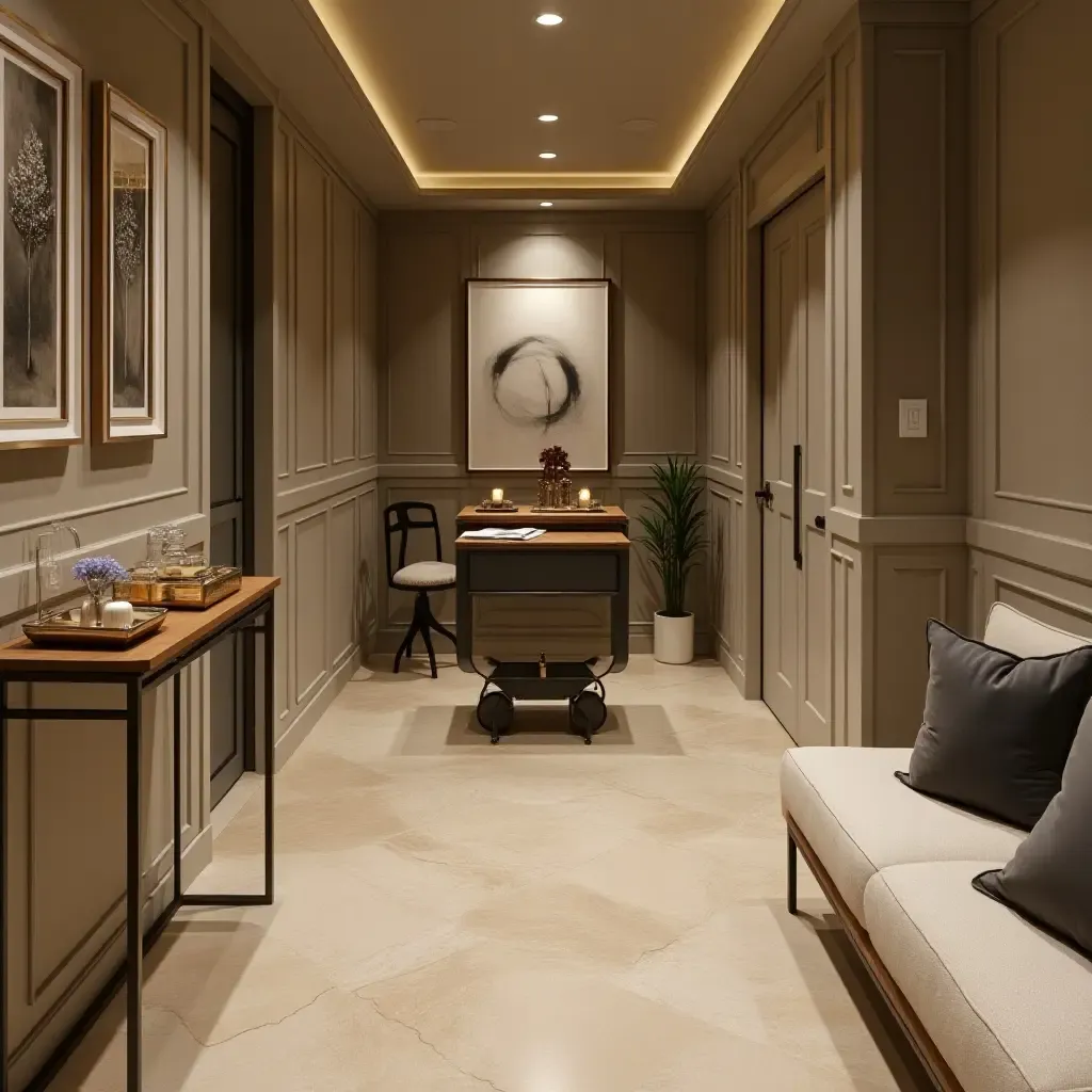 a photo of a basement with metallic decorative trays