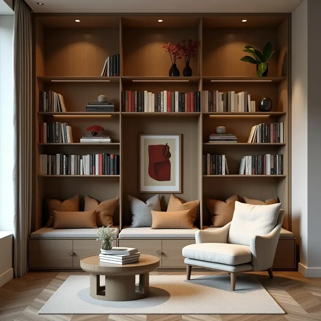 a photo of a reading nook with a unique bookshelf design and decor