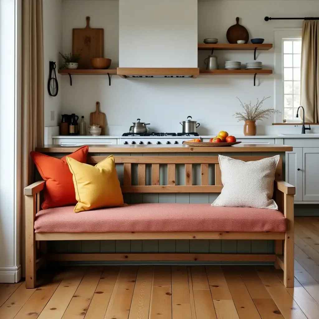 a photo of a rustic wooden bench with colorful cushions in the kitchen