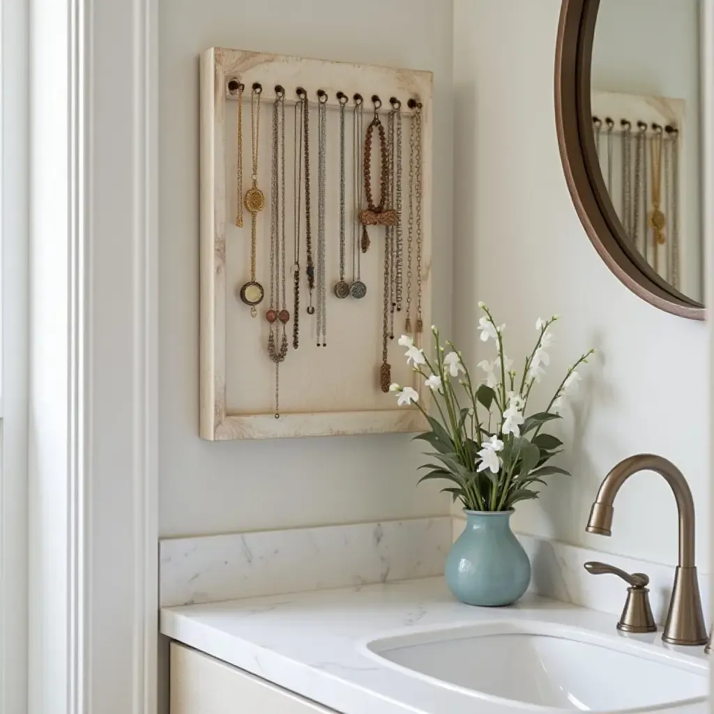 a photo of a bathroom with a chic jewelry organizer on display