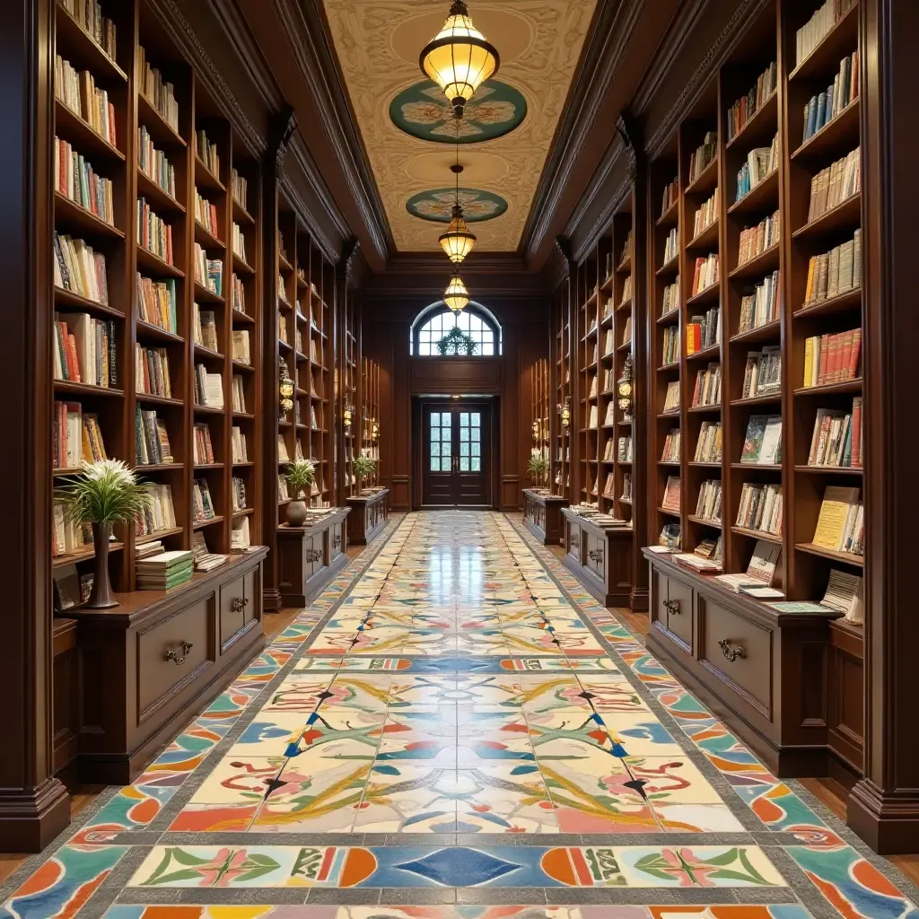 a photo of a library with a gallery of colorful ceramic tiles