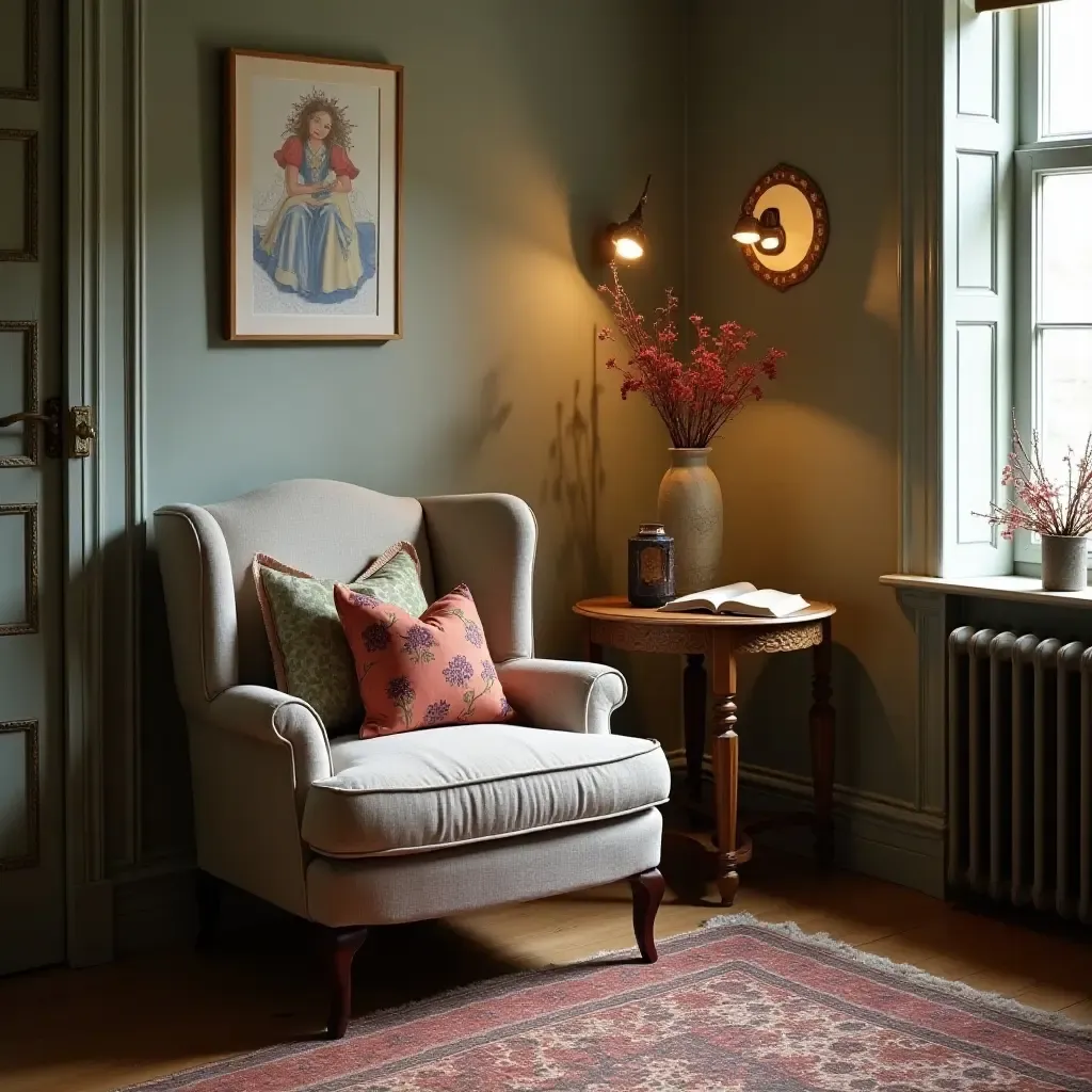 a photo of a reading nook with a vintage armchair and a side table