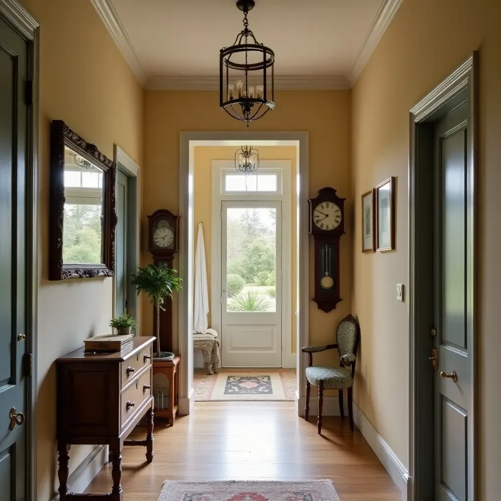 a photo of a charming hallway with a collection of antique clocks