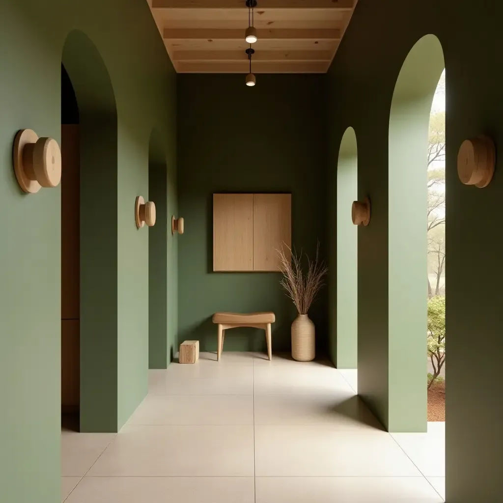 a photo of a serene corridor featuring olive green walls and natural wood decor