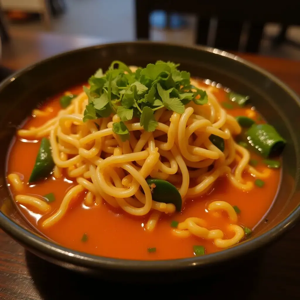 a photo of Ba Mee Tom Yam, egg noodles in a spicy and sour tom yum broth.