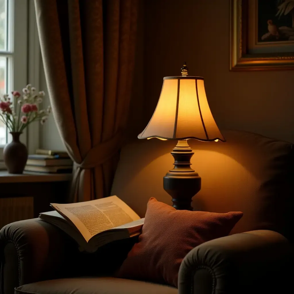 a photo of a cozy reading corner with a vintage lamp