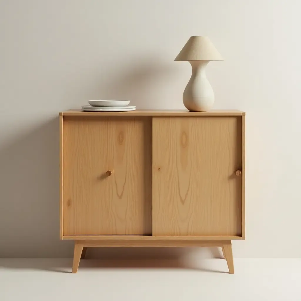 a photo of a compact wooden dresser with sliding doors