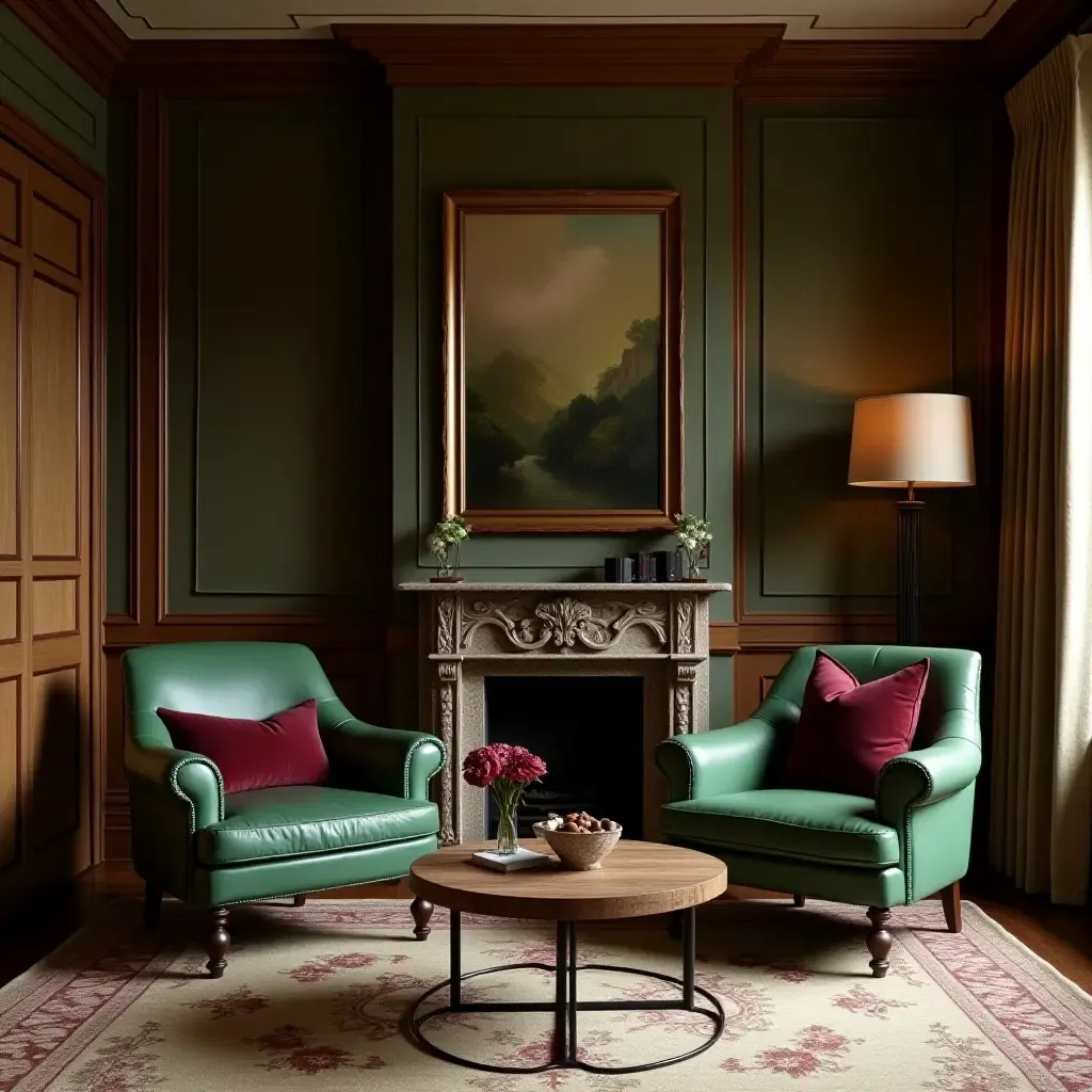 a photo of a luxurious living room with green leather chairs and burgundy cushions