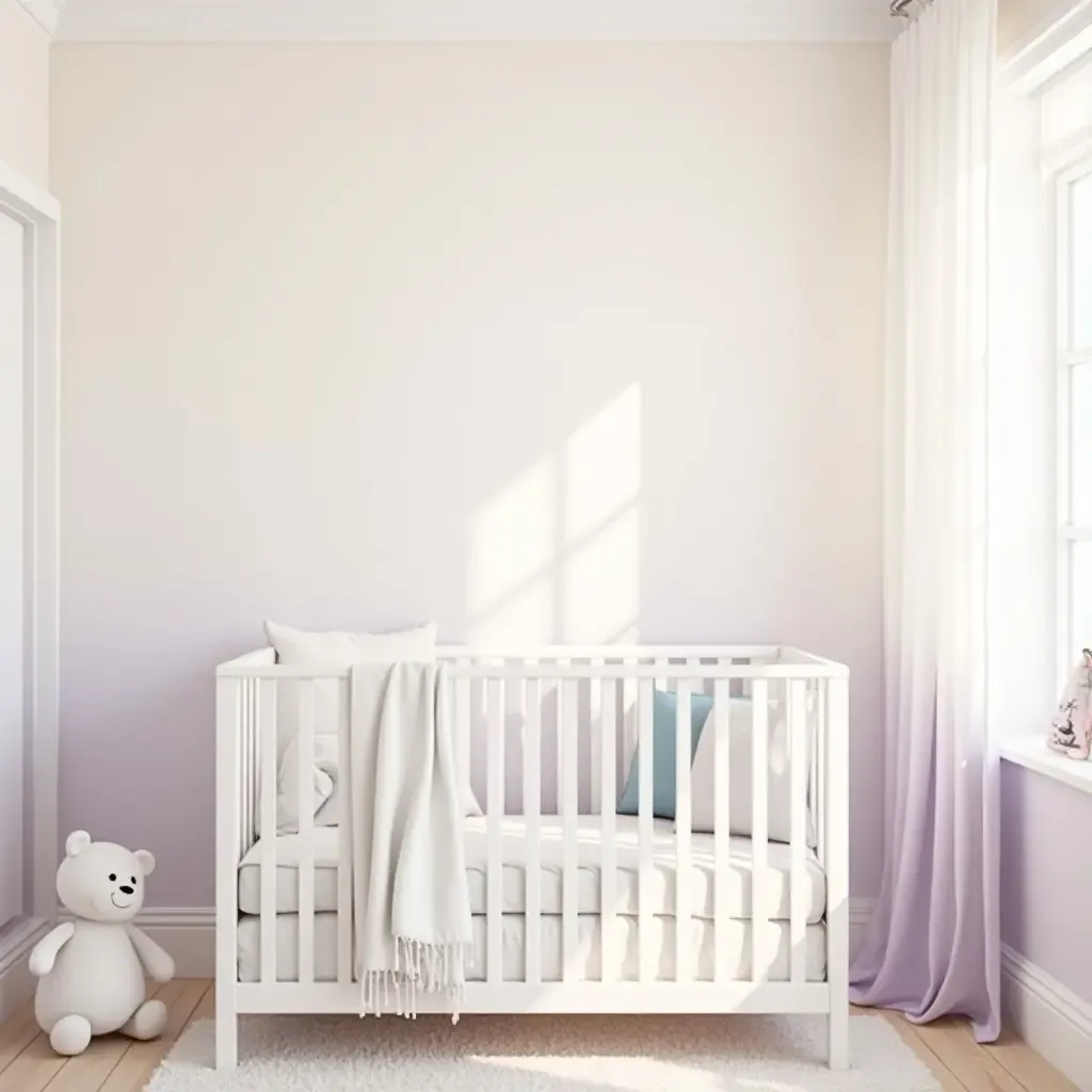 a photo of a nursery decorated in soft lavender and cream colors