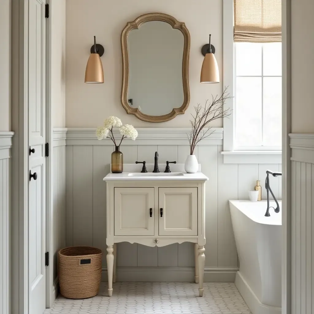 a photo of a small bathroom featuring a vintage vanity and decorative accents