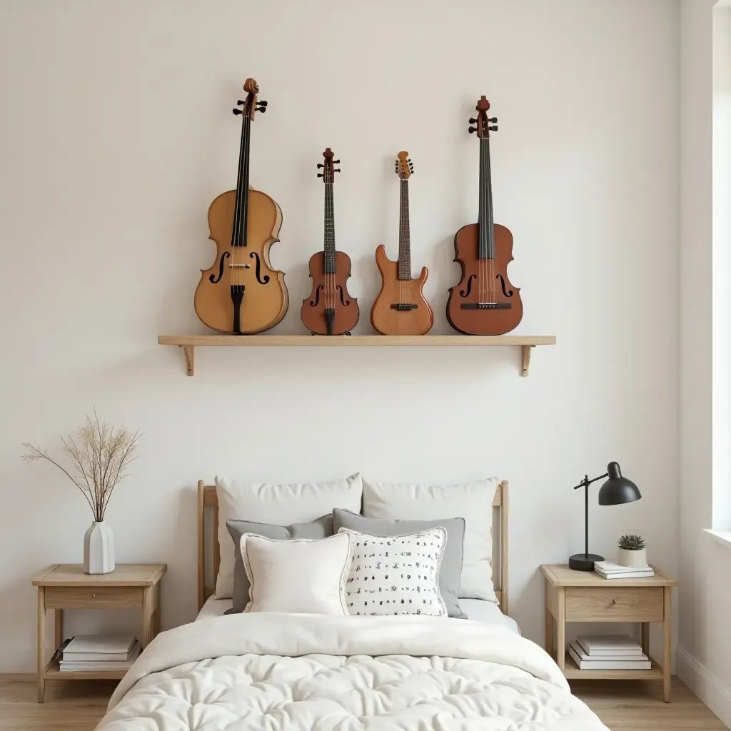 a photo of a musical instrument-themed shelf in a child&#x27;s bedroom