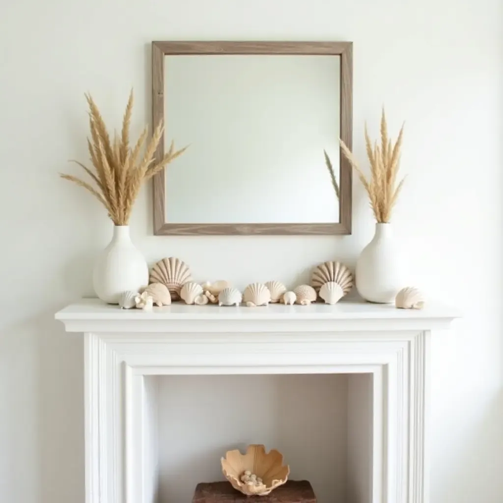 a photo of a coastal-themed mantel with a mirror and seashell accents