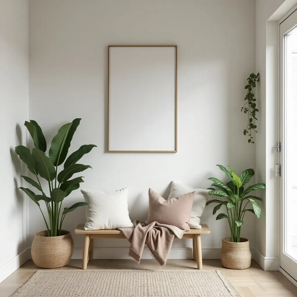 a photo of a cozy Scandinavian entryway with plants and soft textiles