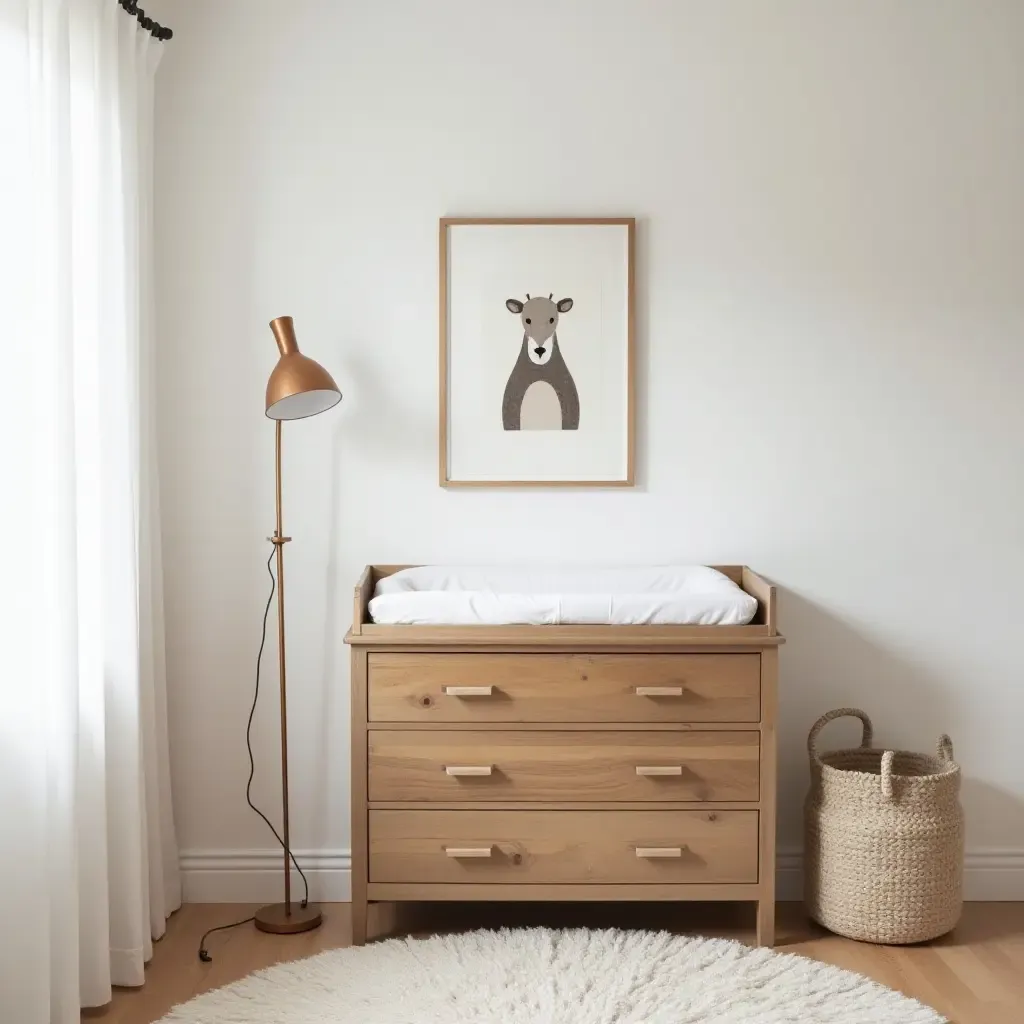 a photo of a nursery with a rustic changing table and cute animal decor