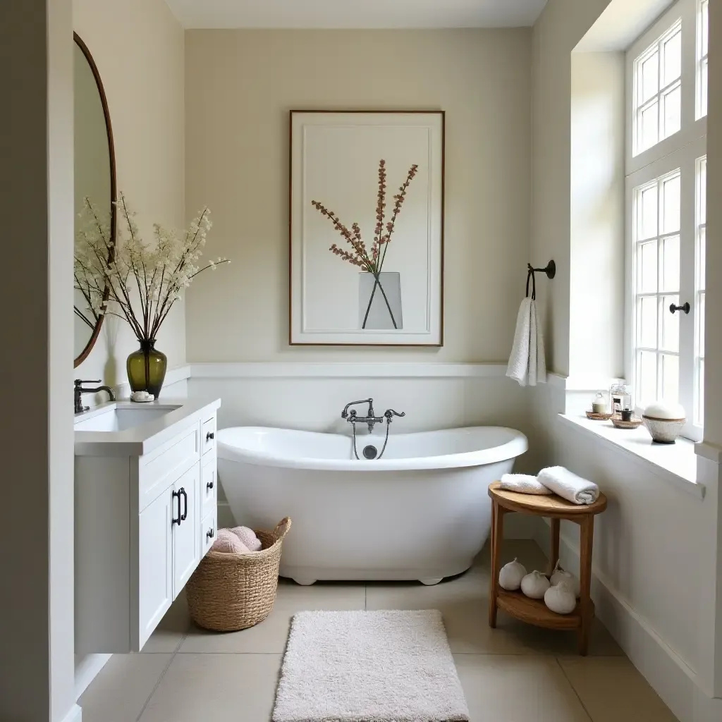 a photo of a bathroom with a freestanding sink and vintage-inspired decor