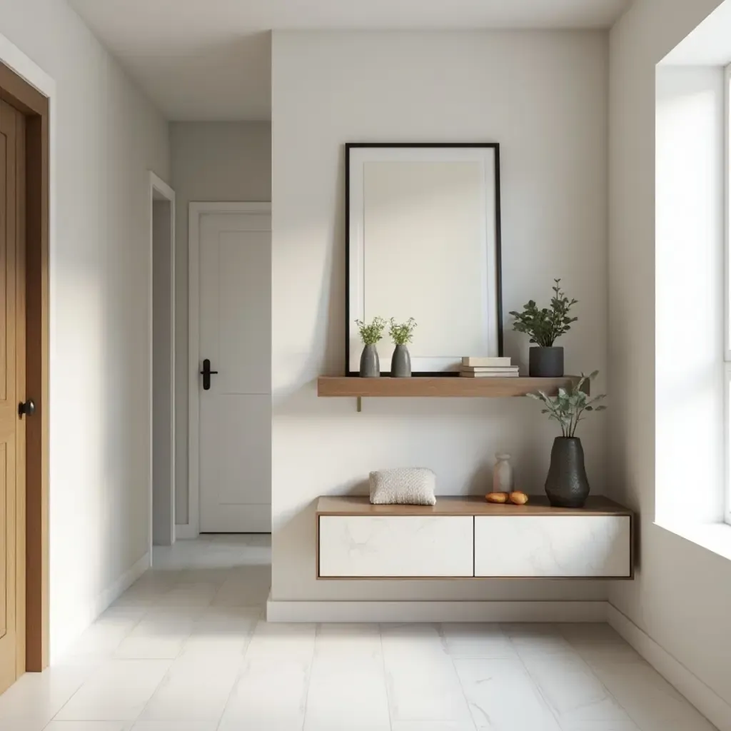 a photo of a stylish hallway with a floating shelf for decor