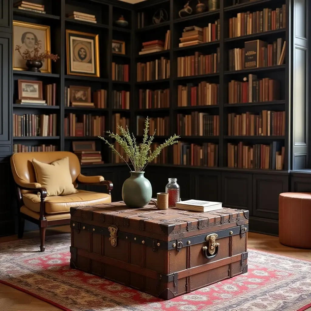 a photo of a unique library space with a vintage trunk as a coffee table