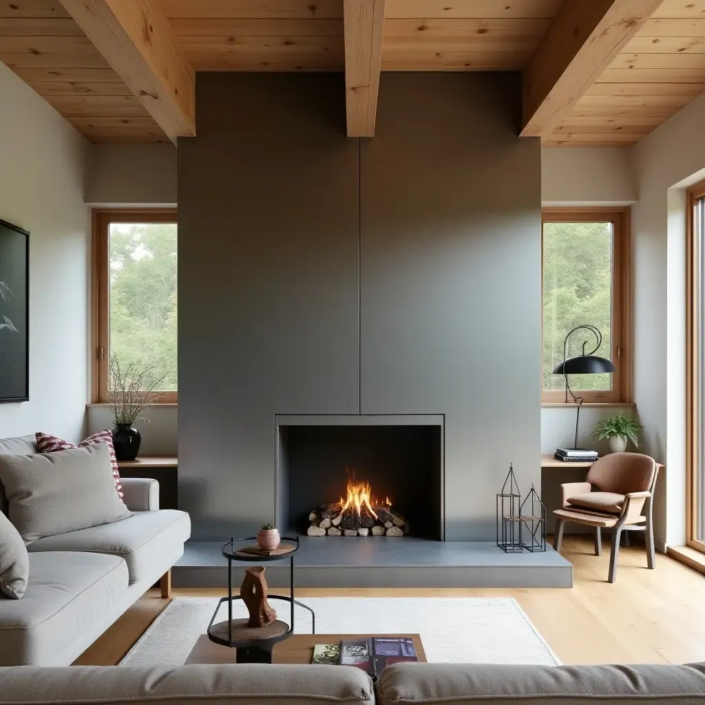 a photo of a contemporary living room featuring a metal fireplace and wooden beams