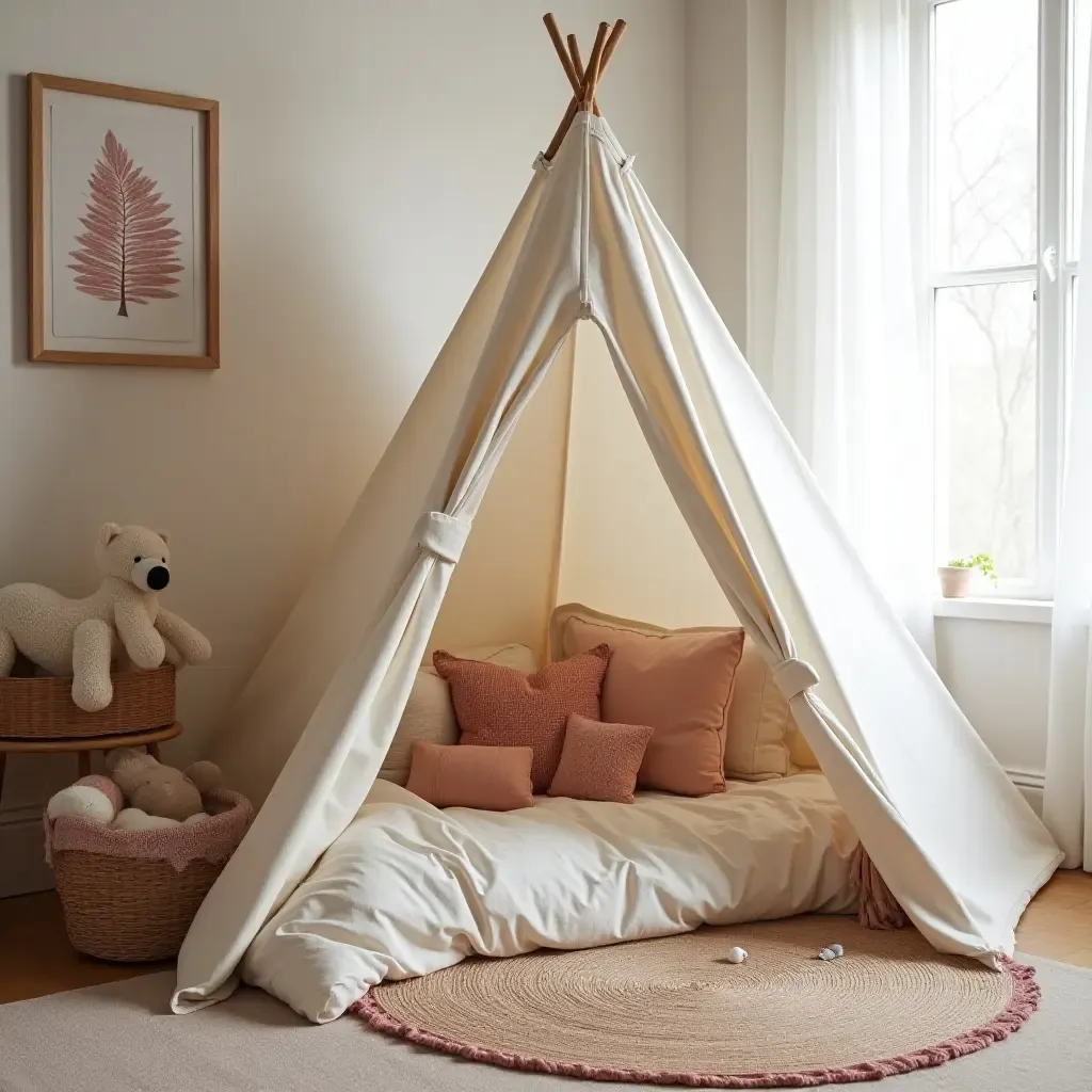 a photo of a nursery featuring a cozy blanket fort made from Mediterranean fabrics