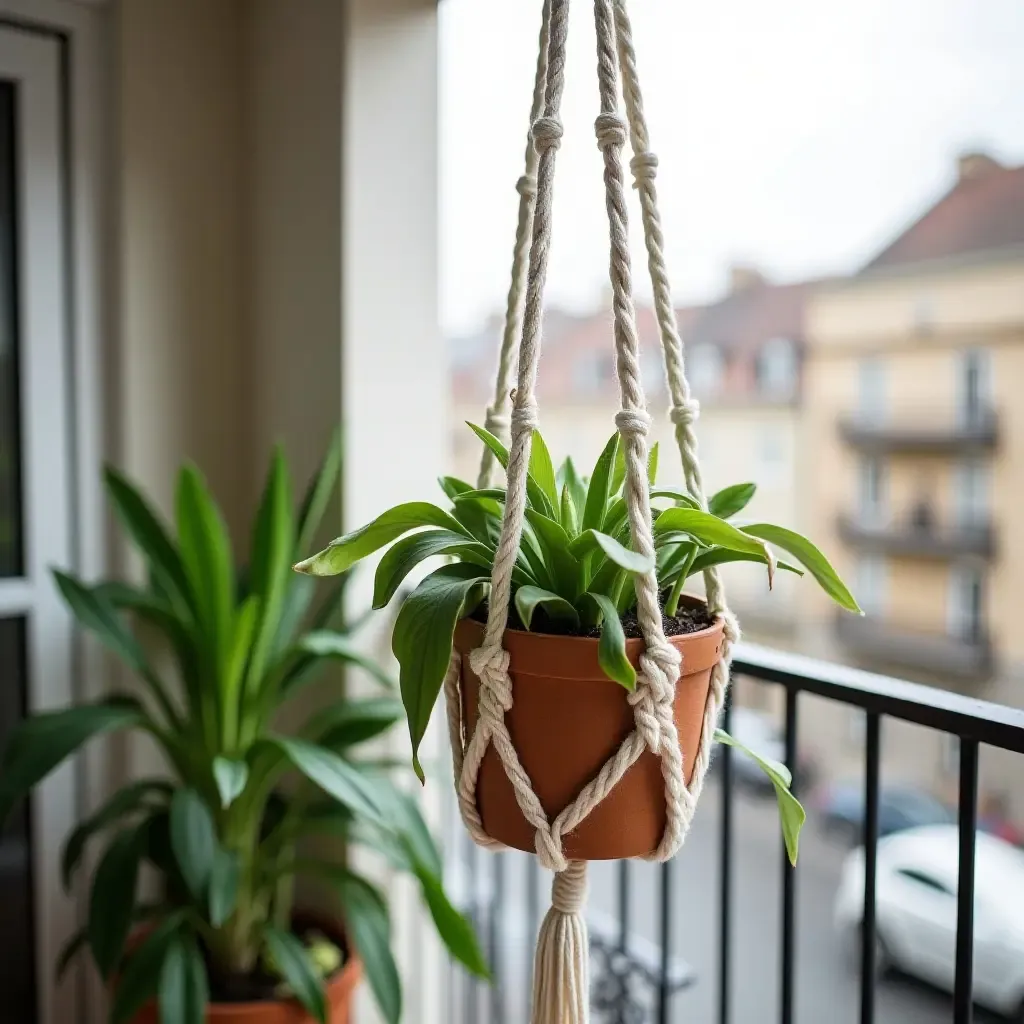 a photo of a balcony with a hanging macrame plant holder