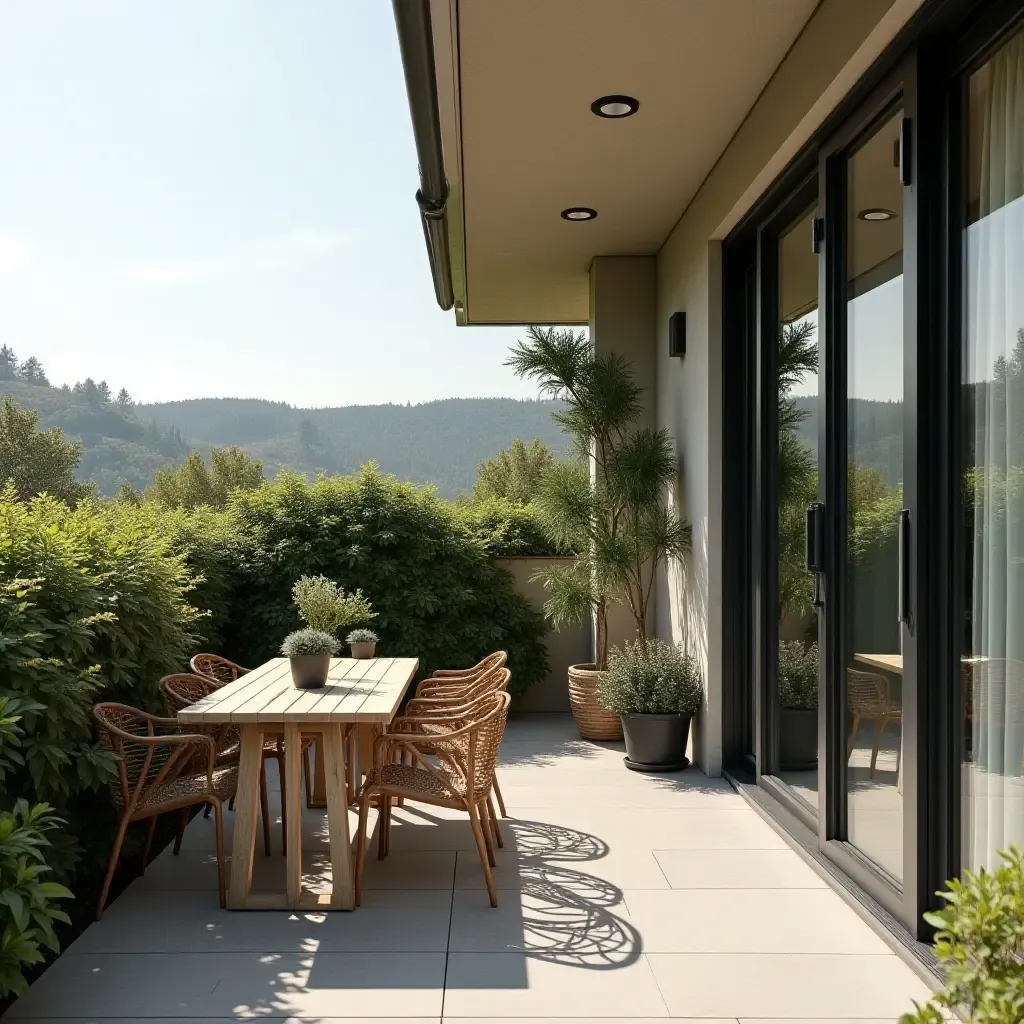 a photo of a modern balcony with a small dining set and greenery