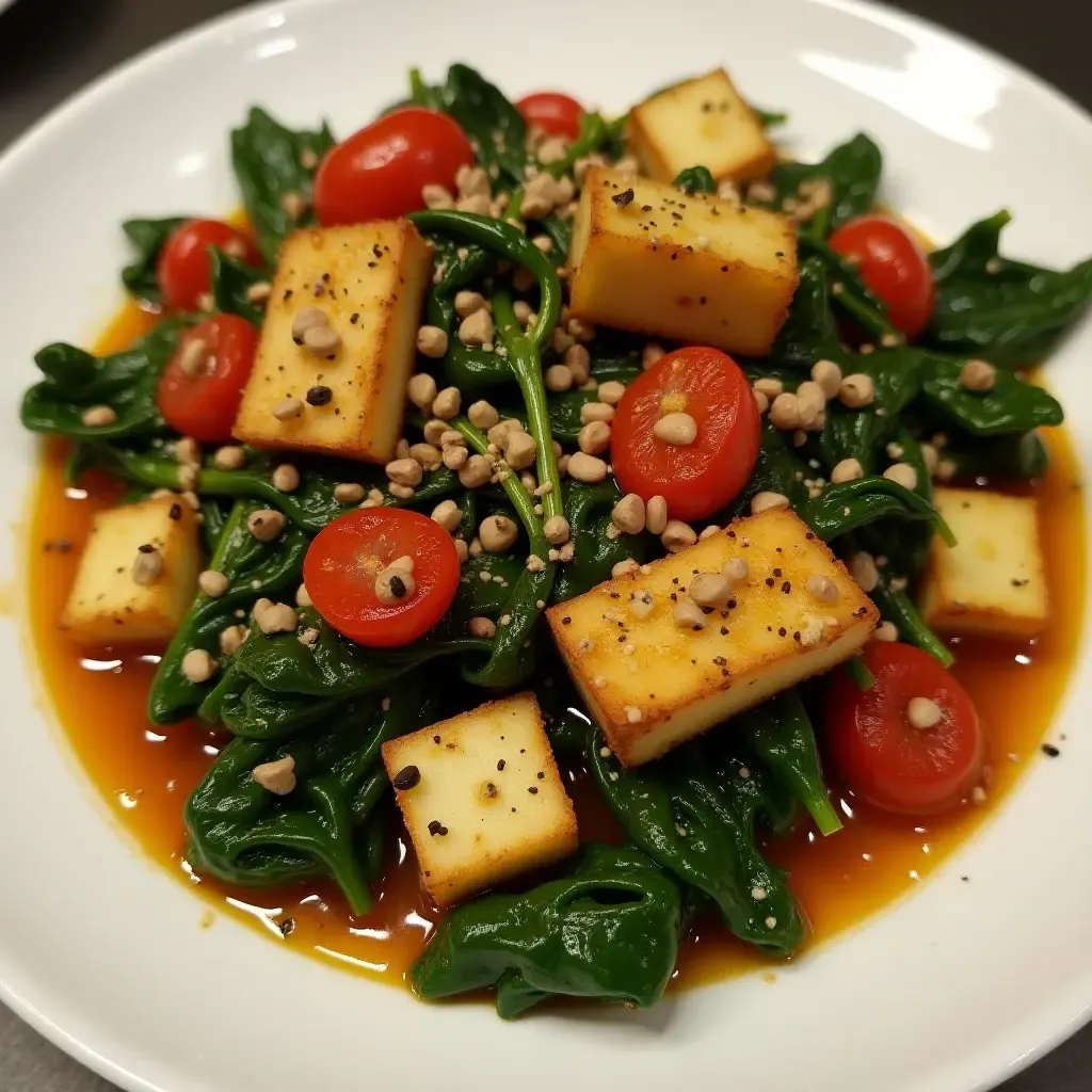 a photo of stir-fry featuring halloumi and za&#x27;atar, Mediterranean twist, golden cheese, vibrant greens