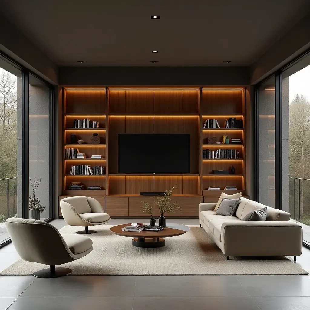 a photo of a sleek library featuring a glass wall and modern furniture