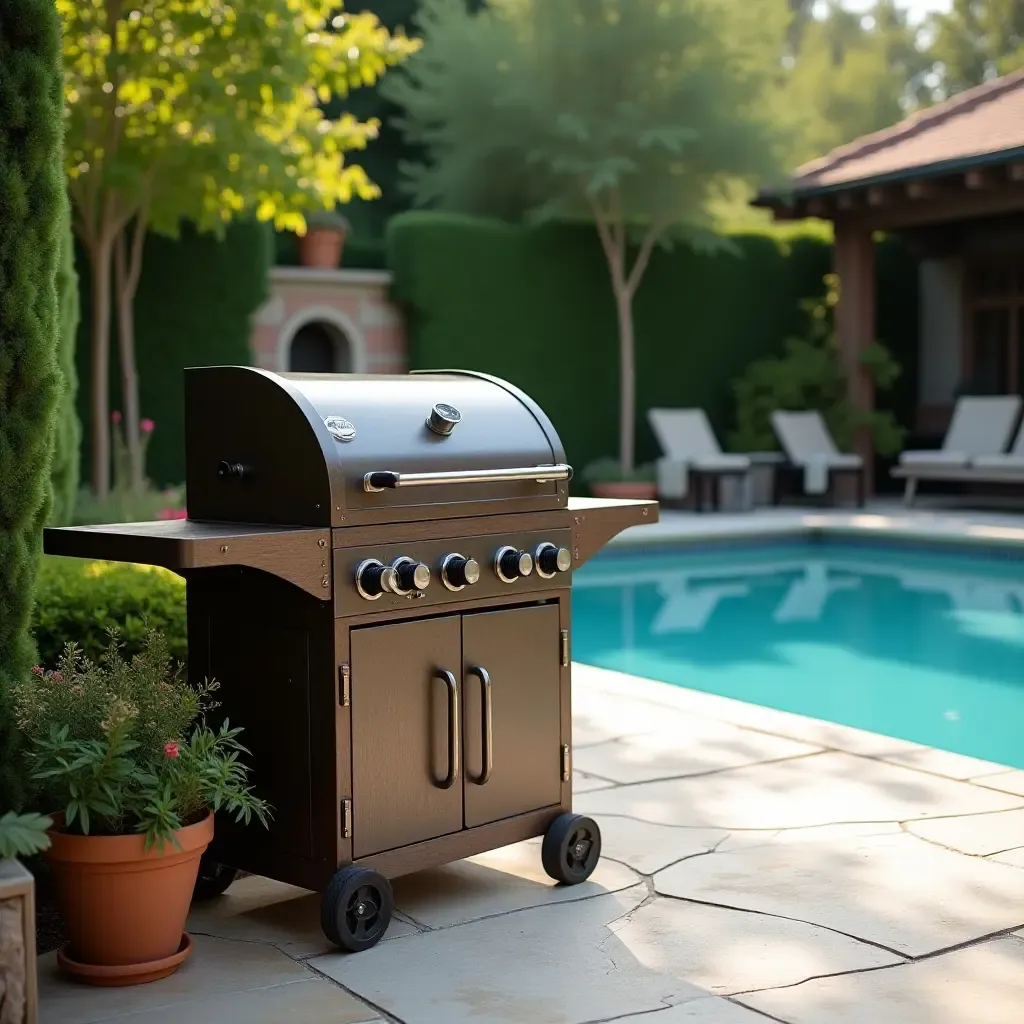 a photo of an old-school barbecue grill next to the pool area