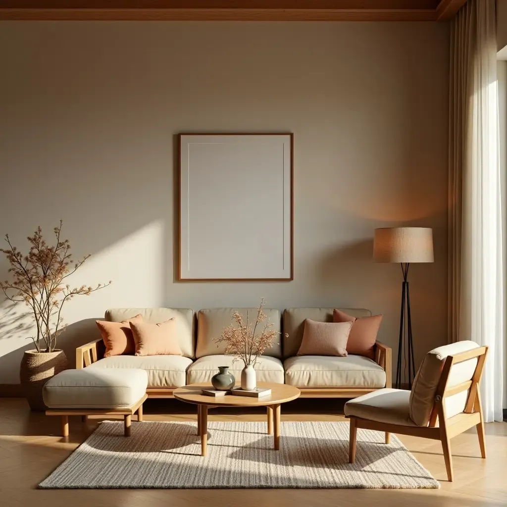 a photo of a living room featuring wooden furniture and a warm color palette