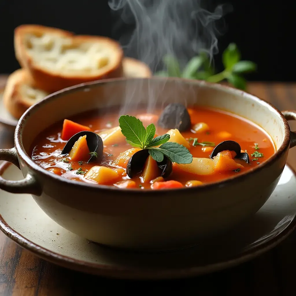 a photo of a steaming bowl of zuppa di cozze with fresh herbs and crusty bread