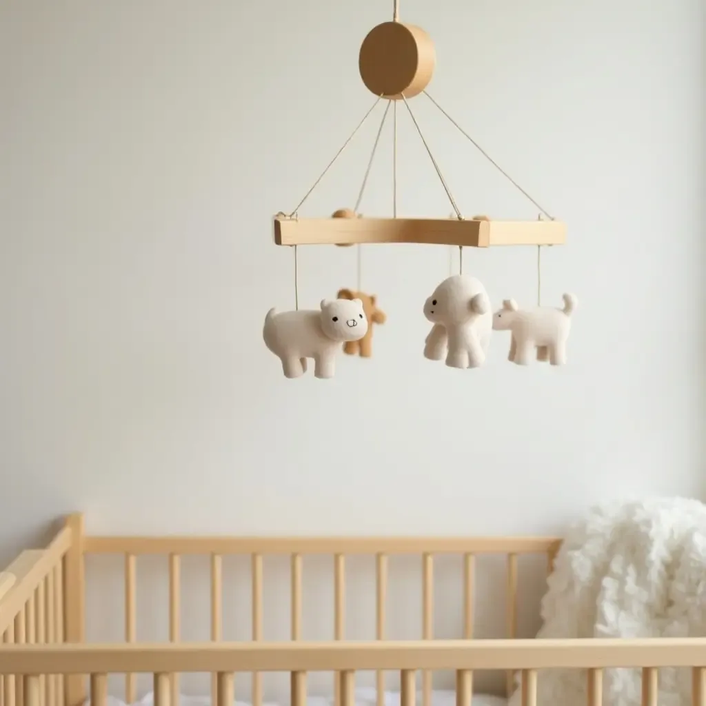 a photo of a wooden mobile hanging above a crib