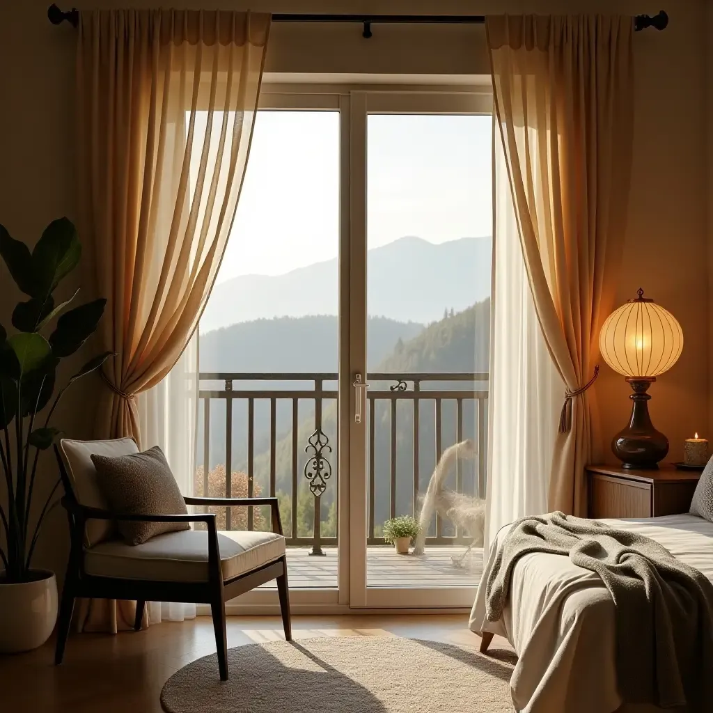 a photo of a cozy glass balcony with hanging fabric drapes for elegance