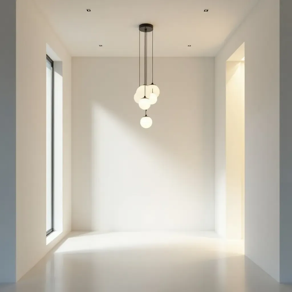 a photo of a bright corridor featuring hanging pendant lights and minimalistic design