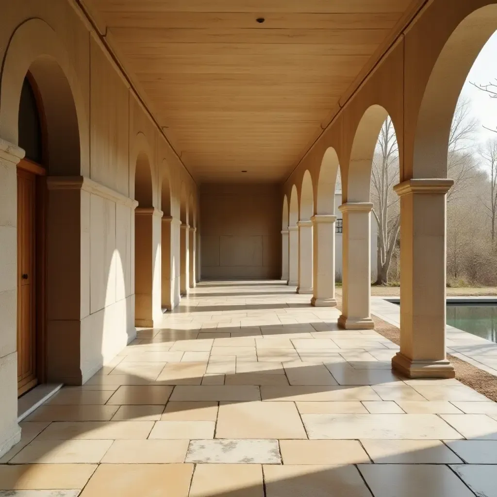 a photo of a serene corridor with natural stone flooring and soft lighting