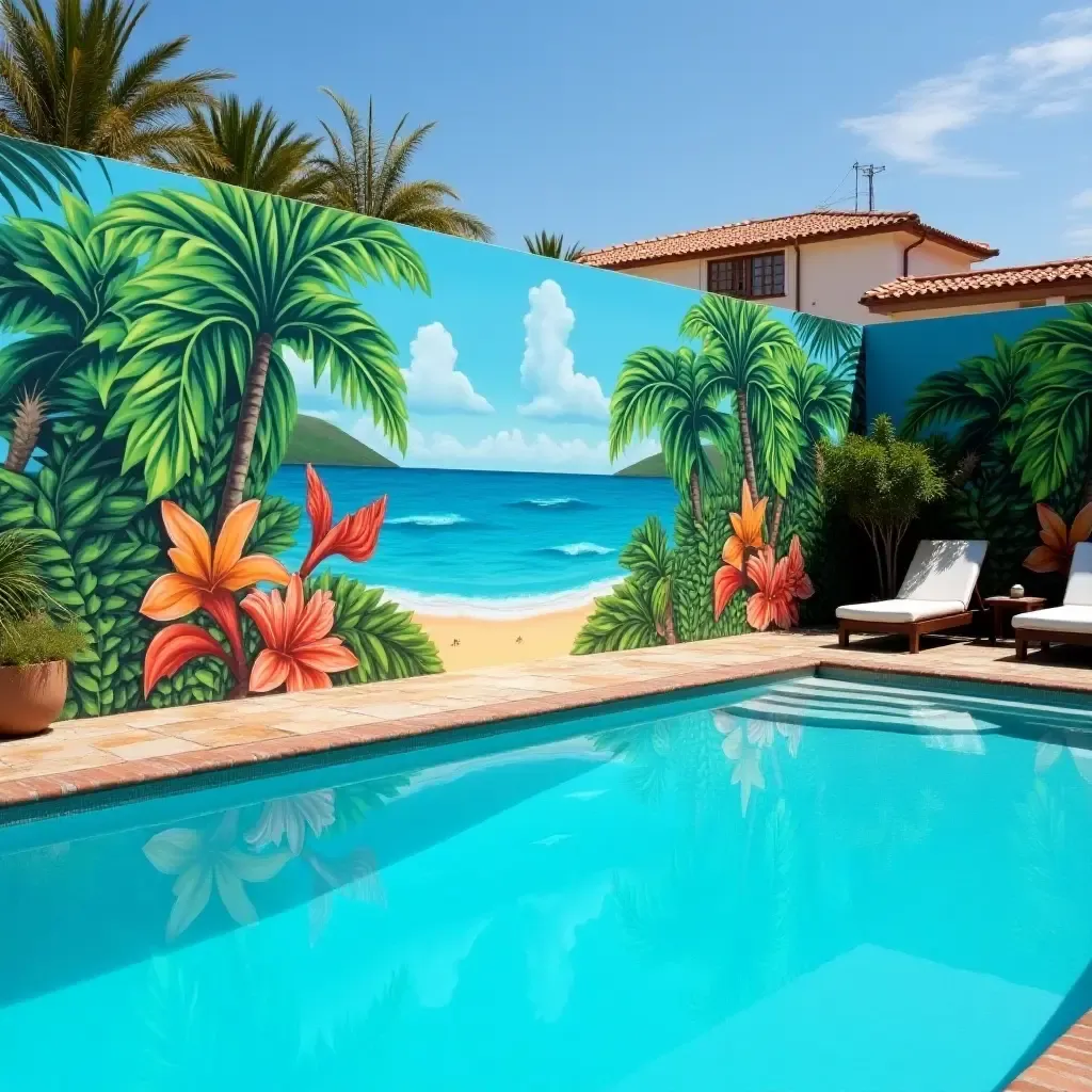 a photo of a vibrant tropical mural on a poolside wall