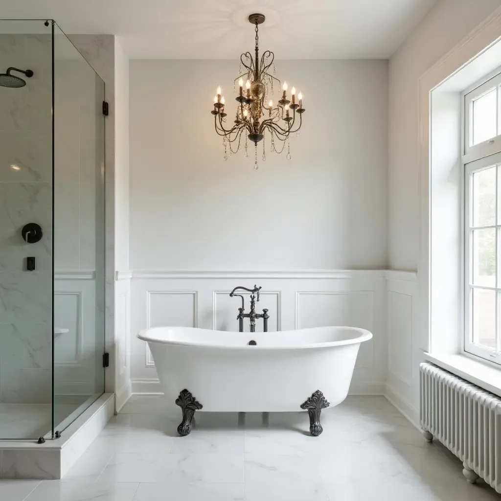 a photo of a modern bathroom with a vintage chandelier above a freestanding tub