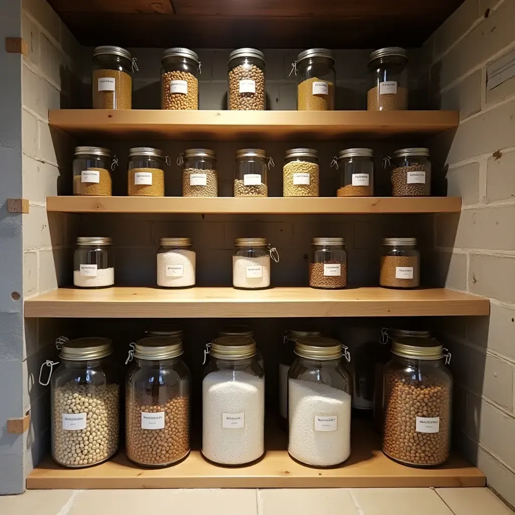 a photo of a functional basement with labeled jars for storage