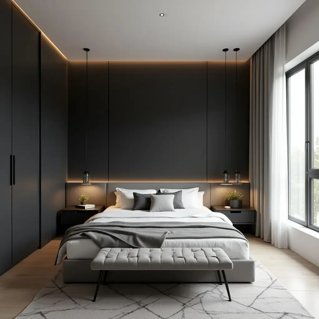 a photo of a sleek bedroom with a monochrome color palette and minimalist decor