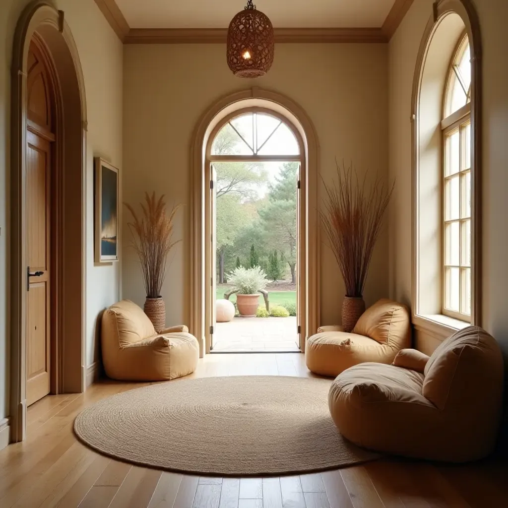 a photo of a welcoming hallway with a circular rug and comfortable bean bags