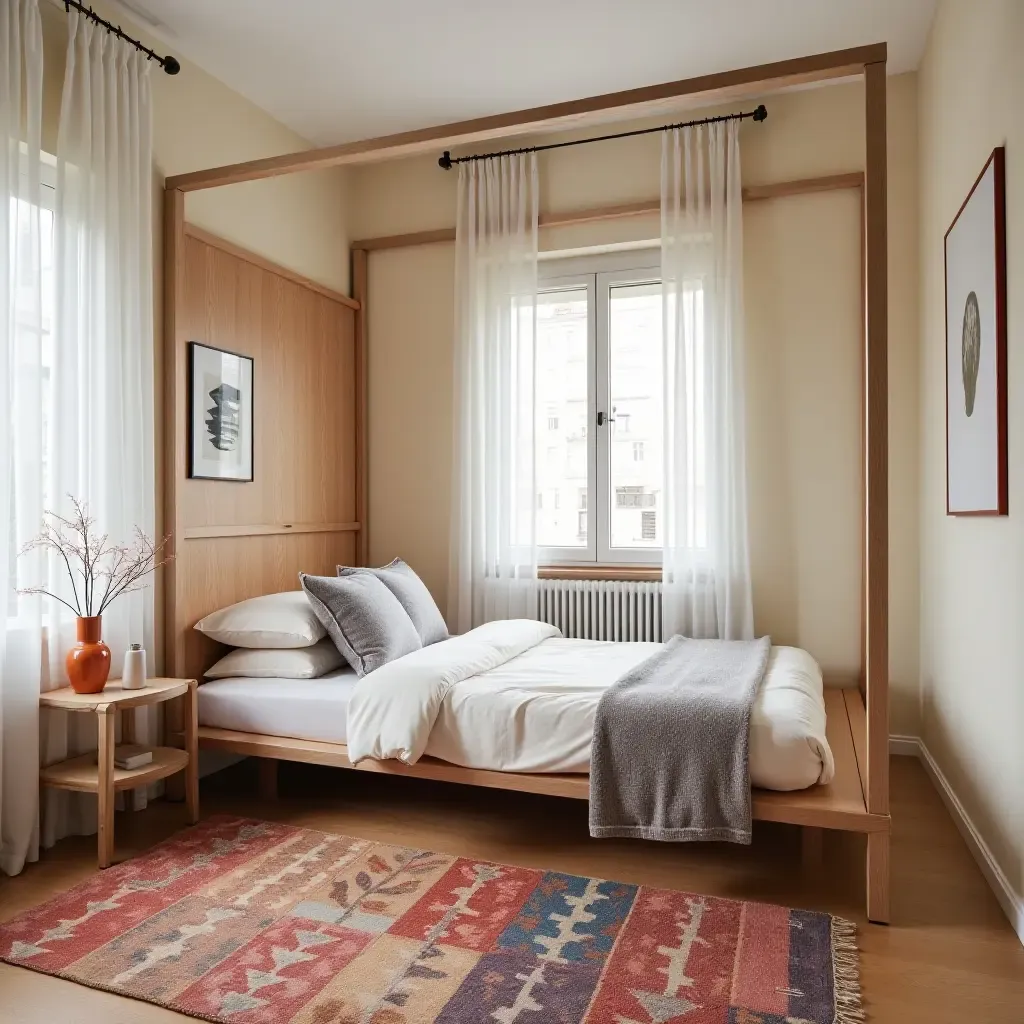 a photo of a shared bedroom with a unique bed arrangement and colorful rugs