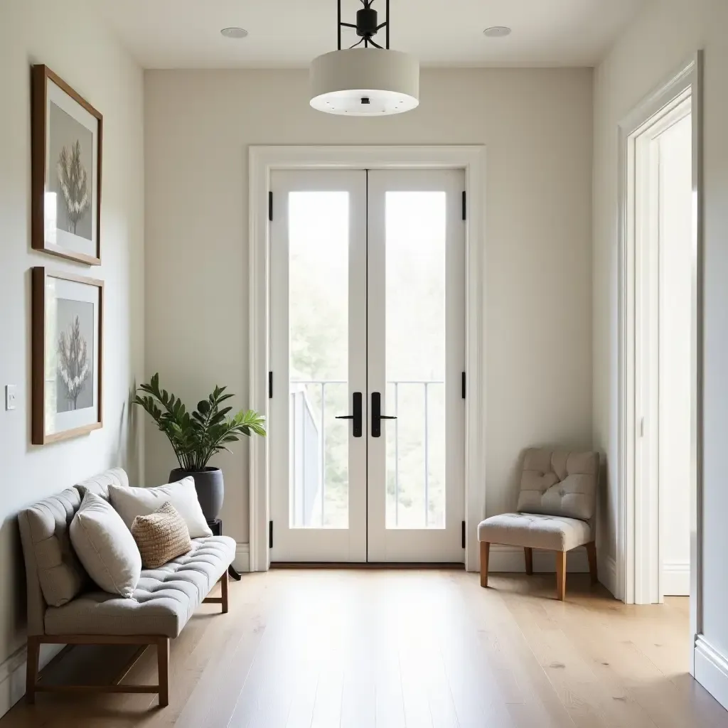 a photo of an elegant entrance hall with neutral throw pillows enhancing decor