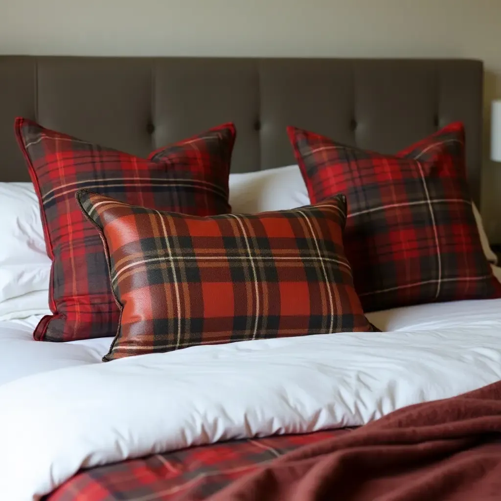 a photo of a bed adorned with plaid and leather throw pillows