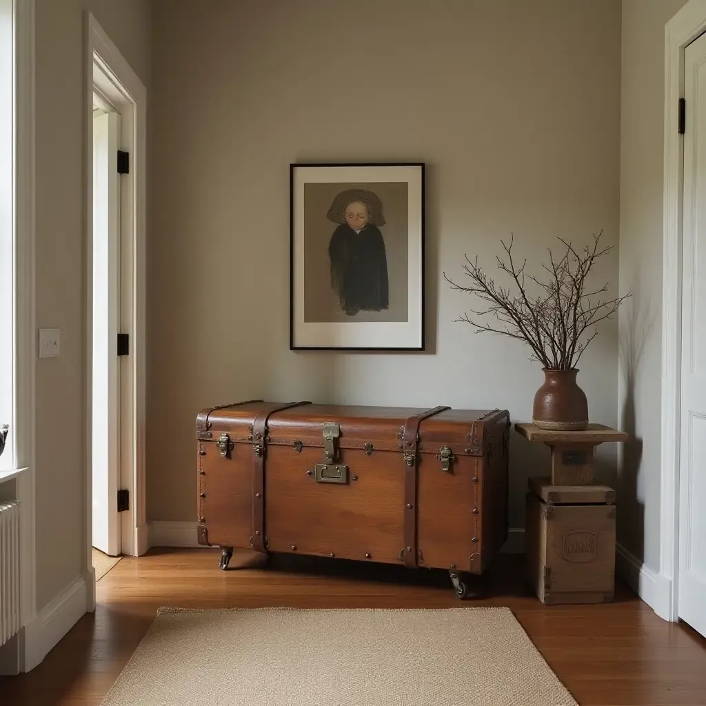 a photo of a corridor with a vintage trunk for stylish storage