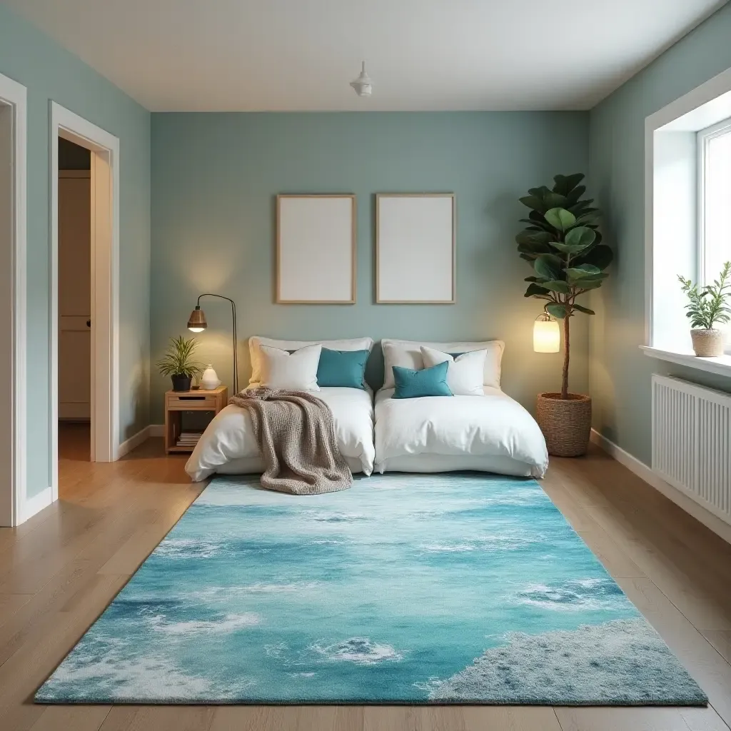 a photo of a calming, ocean-themed rug in a relaxing basement