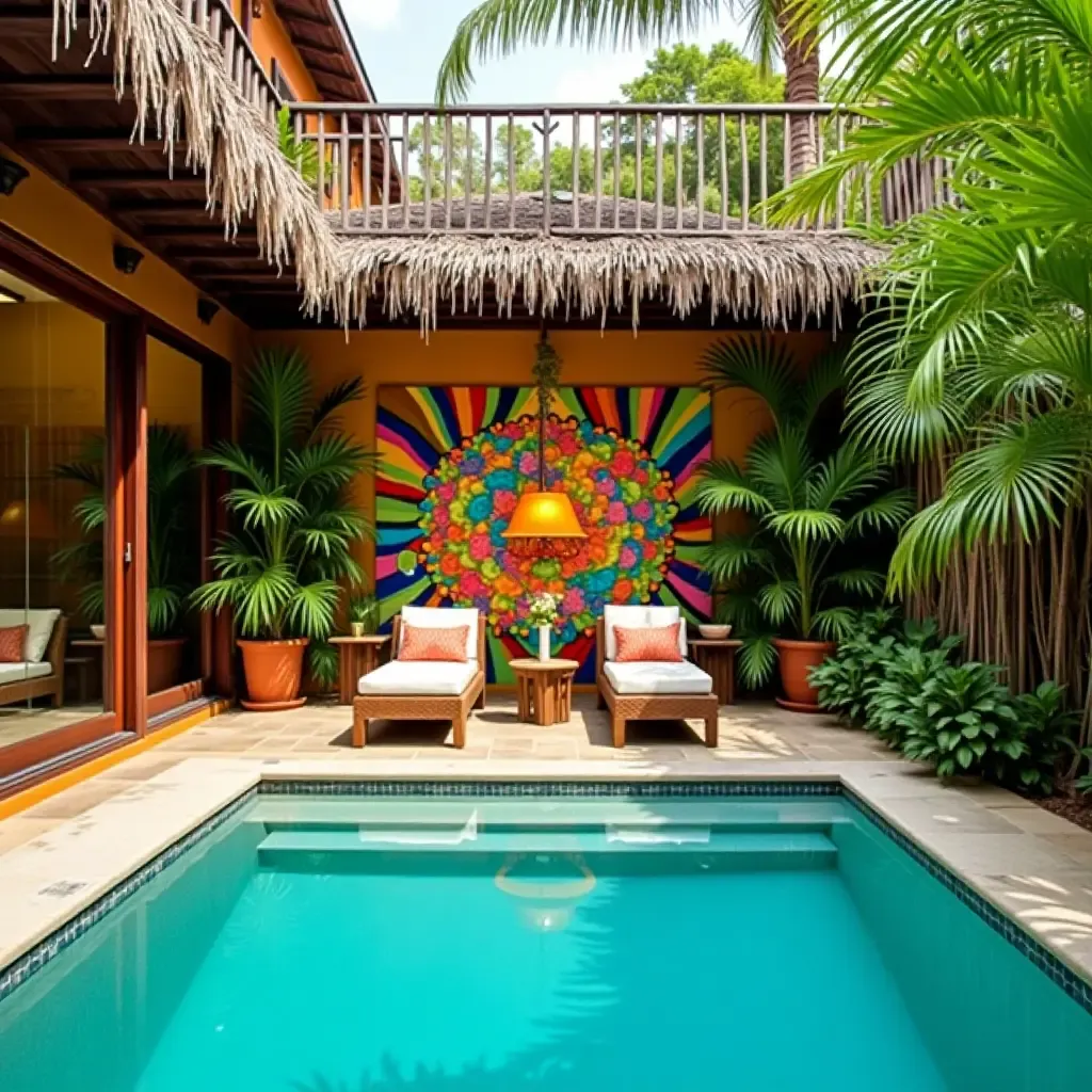 a photo of a tropical-themed pool lounge with colorful decor and plants