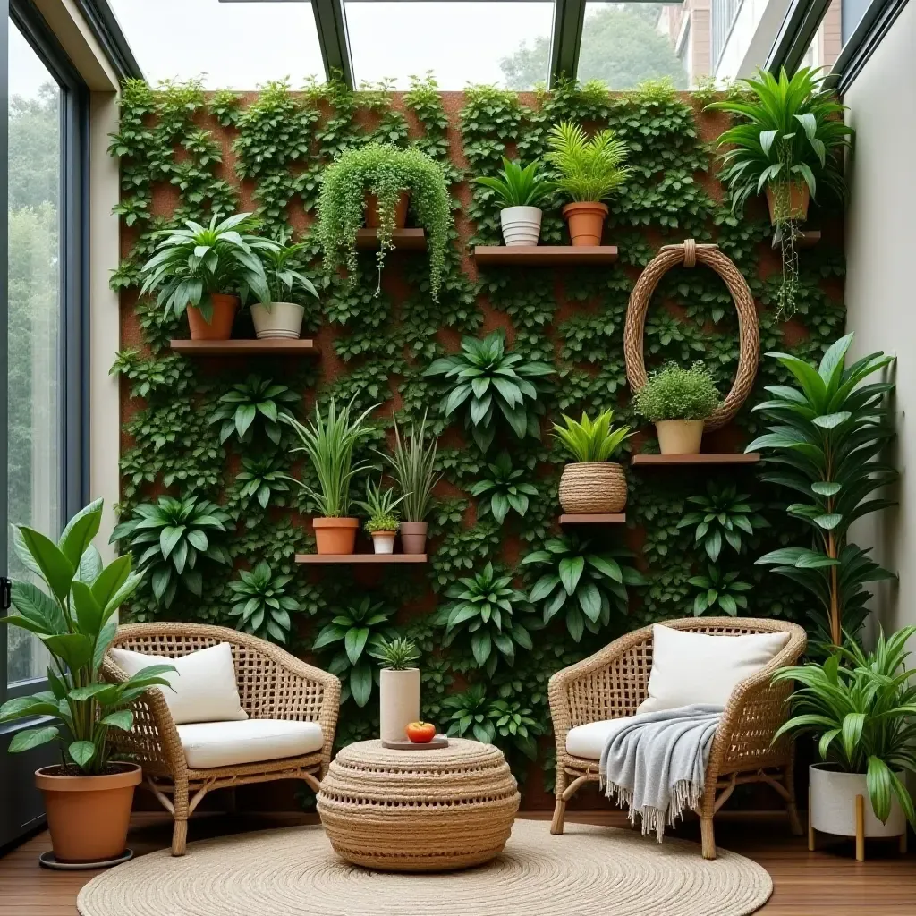 a photo of a balcony garden wall with artistic plant arrangements and decor