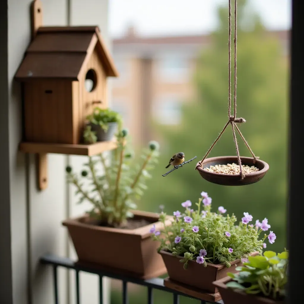 a photo of a balcony featuring a wooden birdhouse and feeders