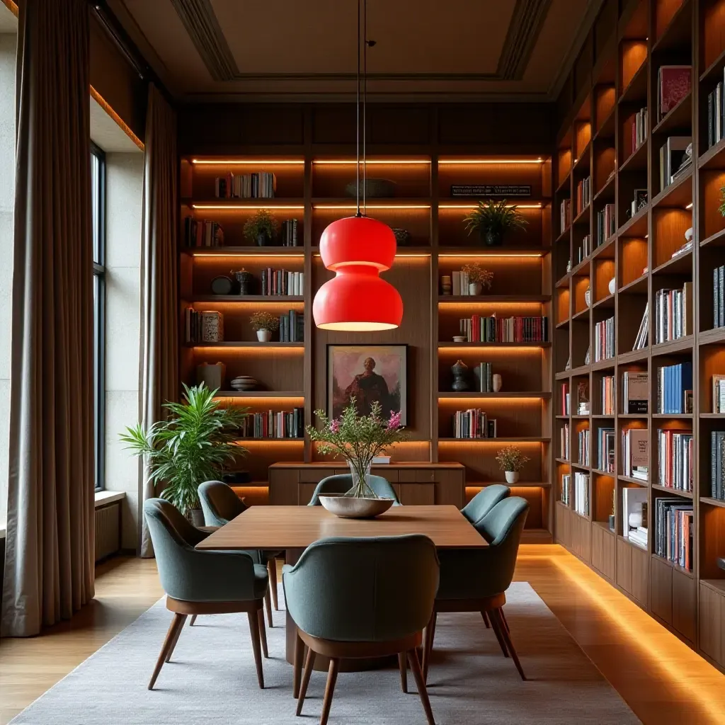 a photo of a contemporary library with colorful pendant lights enhancing the decor